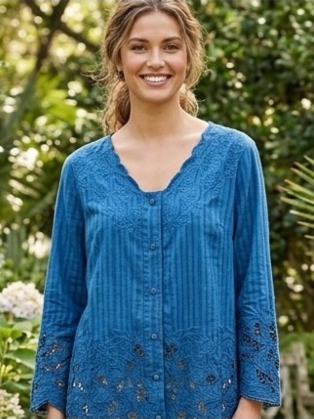 Soft Surroundings Blue Lace-Trim Button Down Shirt